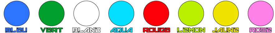 couleurs des kits lumicasque disponible en Bleu, Vert, Aqua, Blanc, Rouge, Jaune, Rose et Lemon